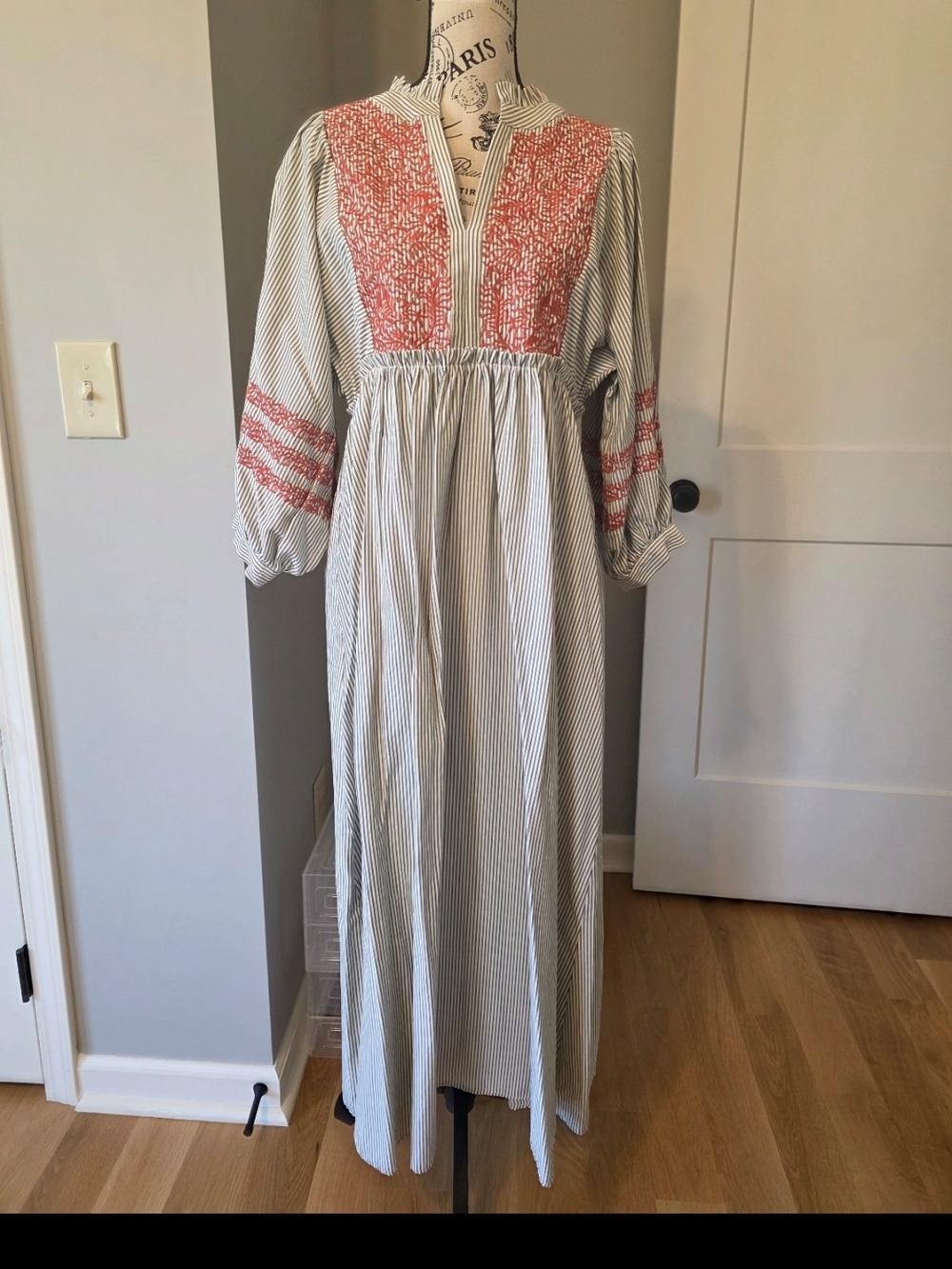 JODIFL Striped Maxi Dress with Orange Embroidered Yoke-NWT